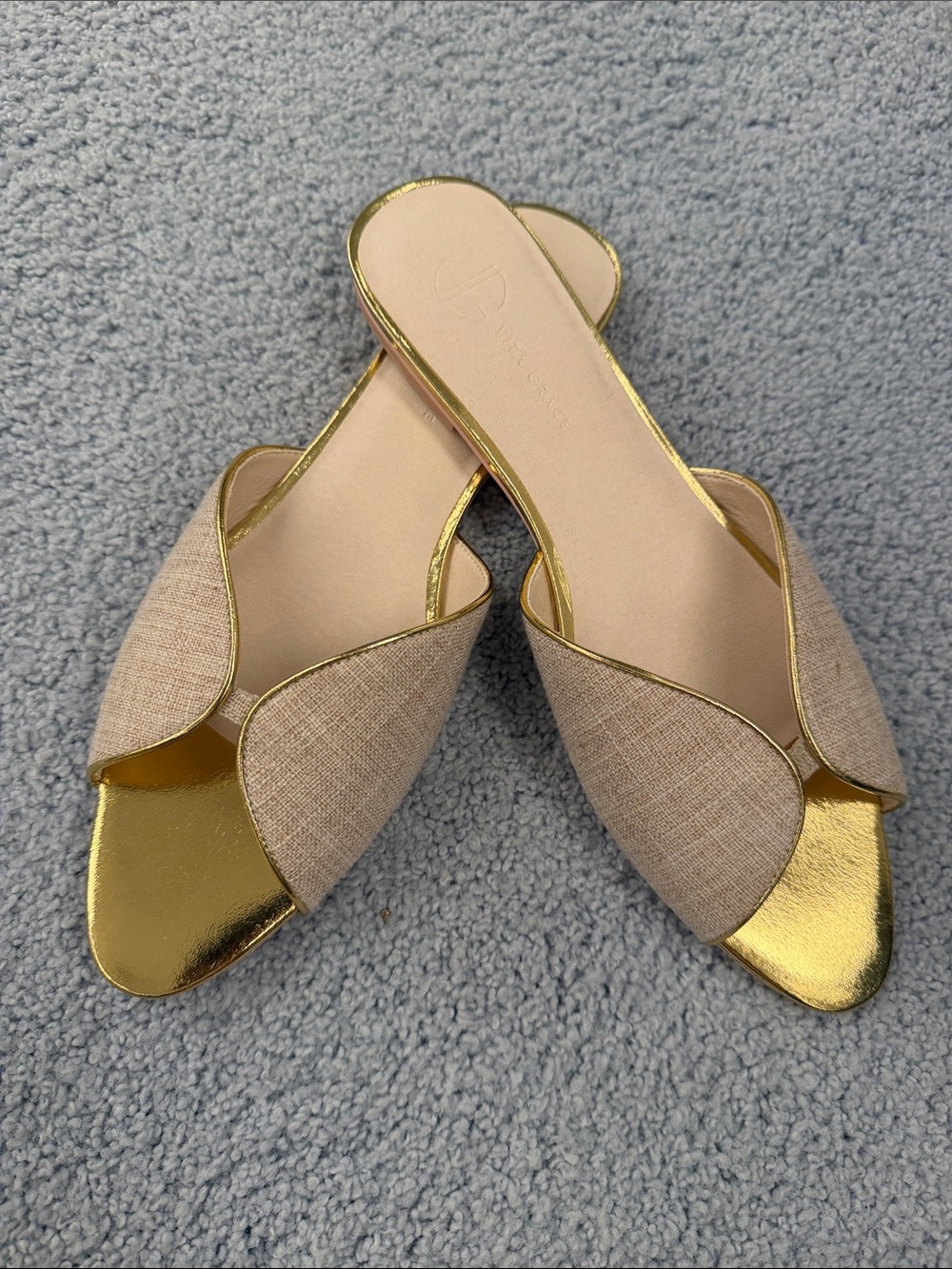 Beige and Gold Open-Toe Slide Mules